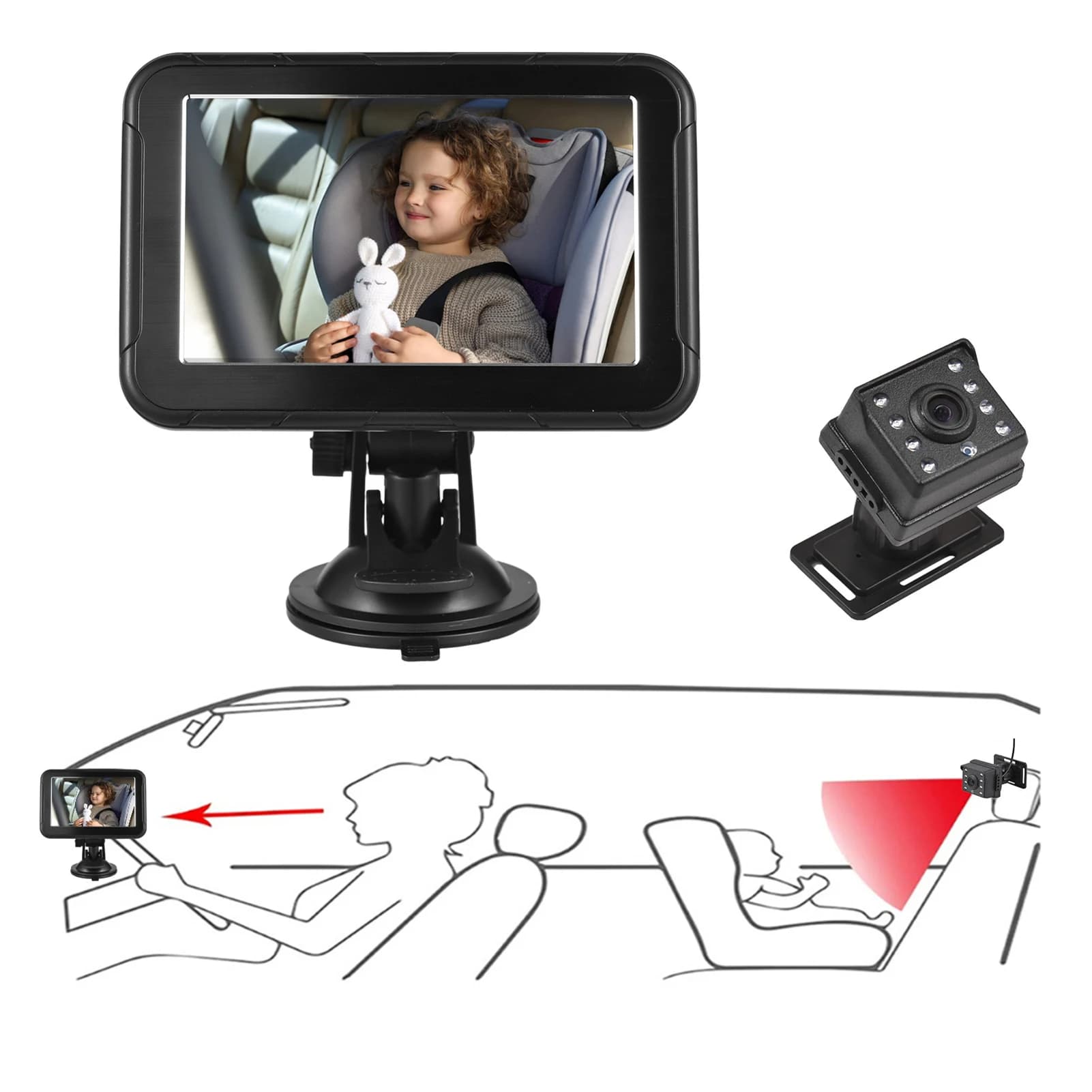 Telecamera per Auto 1080P per Bambini, Monitor per Auto con Schermo da 5 Pollici, Telecamera per Sedile Posteriore con Display a Specchio 360° ° Rotazione 150 ° Visione Notturna ad Ampio Angolo