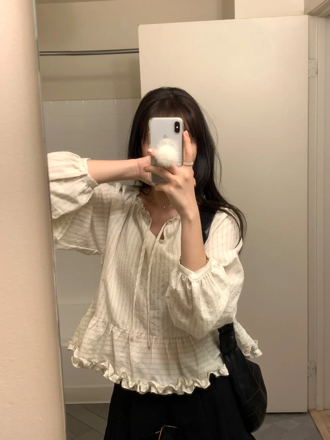 Nuova Camicetta Estiva da Donna Stile Coreano con Scollo a V, Maniche Lunghe, Cintura, Motivo a Righe e Volant, Modello Doll