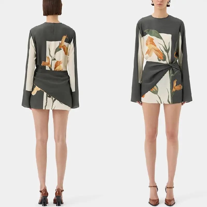 Casual Printed Short Skirt Dress Women's Personalized Design High Waist Long Sleeve Polyester Blend Fashionable European Style