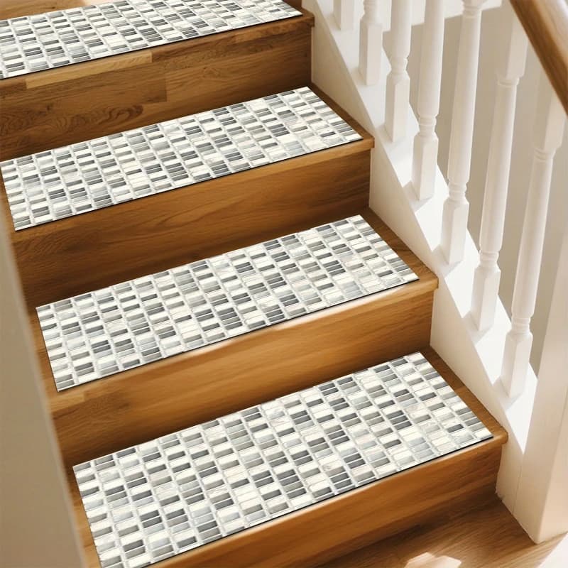 Tappetini Antiscivolo per Scale in Mosaico Argento-Bianco, Assorbenti, Lavabili, Protezione per Pavimenti in Legno per Interni