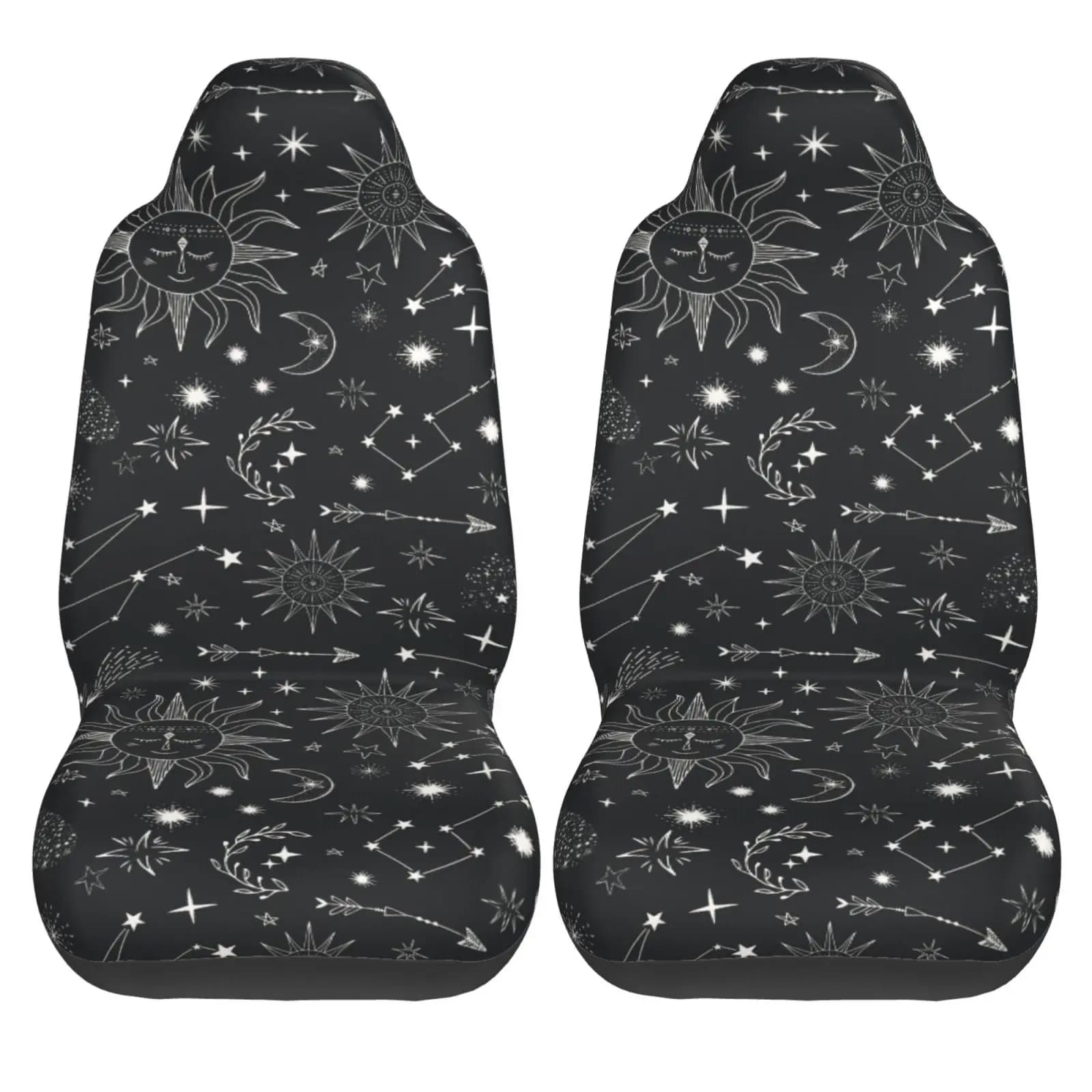 Mystical Sun Black White Moons and Stars Car Seat Covers for Women Man Universal Auto Front Seats Protector Fits for Car SUV