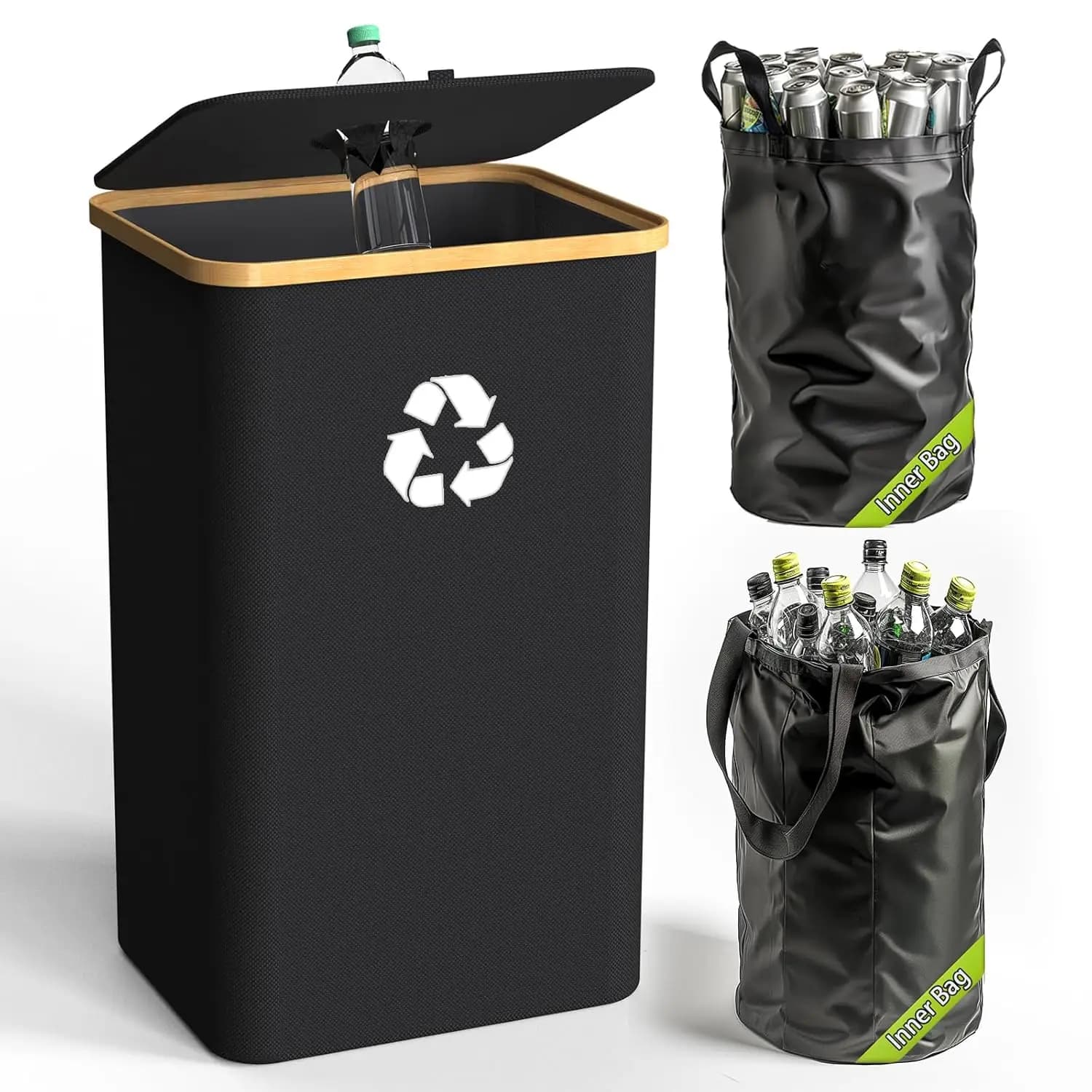 Grande Bidone per Riciclaggio da Cucina da 100L (26 Galloni) con Coperchio, Sacchetto Interno Rimovibile per Bottiglie, Lattine, Vetro e Plastica, Nero
