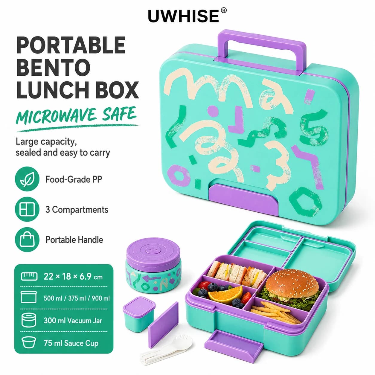 Uwhise Portable Bento Lunch Box For Kids Adults 3 Compartment Microwave Safe Snacks Meal Prep Container With Insulated Food Jar
