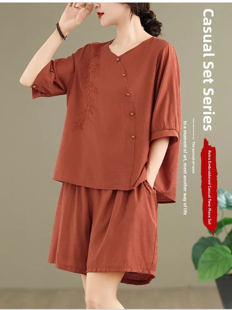 Women's Summer Loose Cotton Linen Set Short Sleeve Embroidered Top High Waist Shorts Breathable Comfortable Fashion Casual Ou...