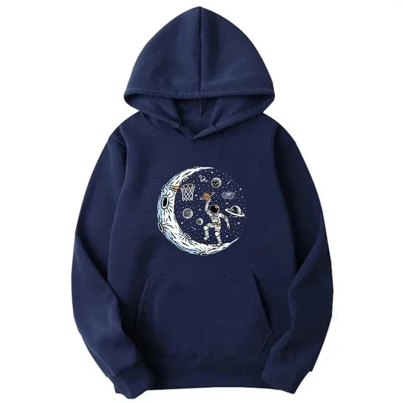 New space astronaut throwing basketball printed men's hoodie, Harajuku Street hoodie, retro casual sweatshirt, hoodie