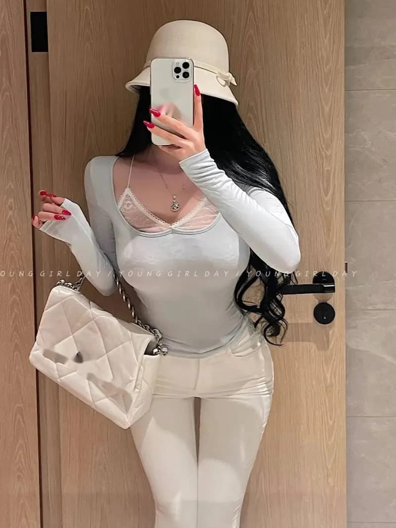 Pure Desire Sexy Fake Two-Piece Lace Patchwork Camisole Long Sleeve Base T-Shirt Top Fashion Sexy Women Tees Tops JYH8