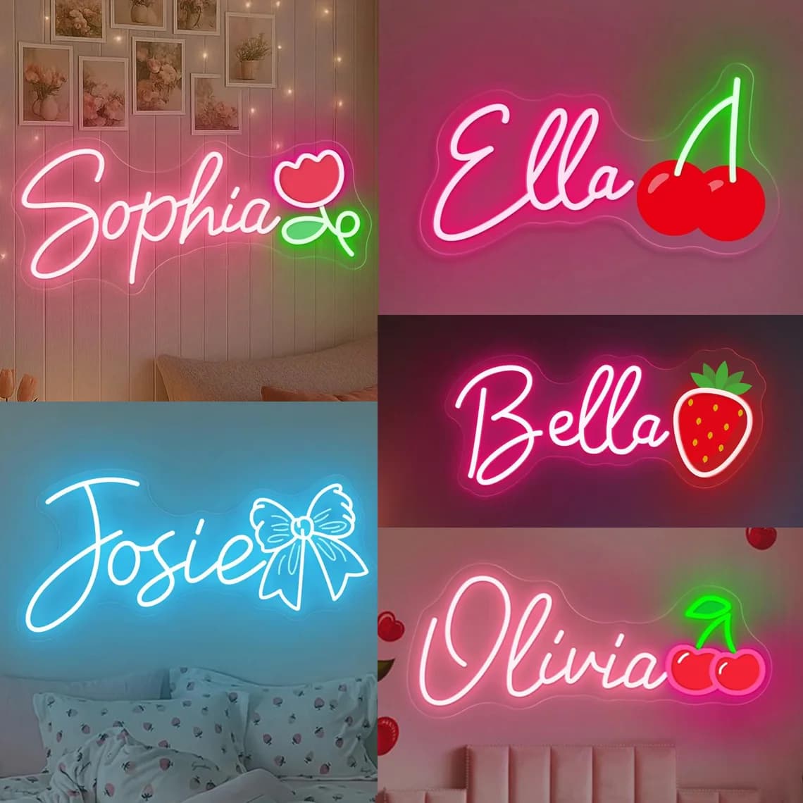 Teaches neon with custom name, teaches with name with UV print of cute cherry, girl room dorm decoration, home wall decoration, baby gift