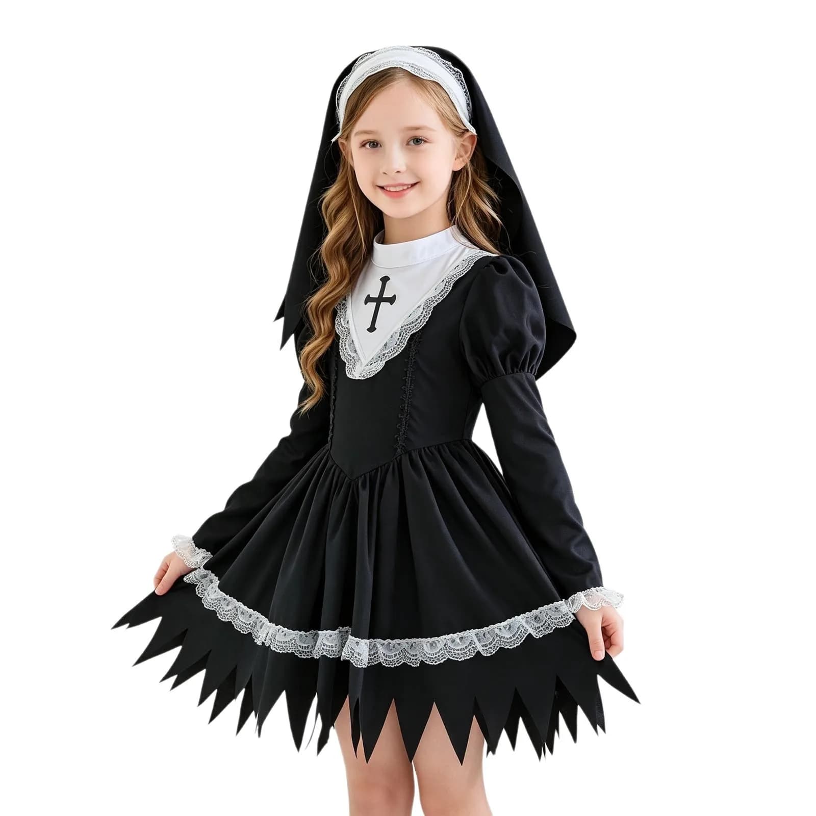 Kids Girls Nun Costume Long Sleeve Cross Pattern Cosplay Dress with Headpiece and Socks Sets for Halloween Themed Party Carnival