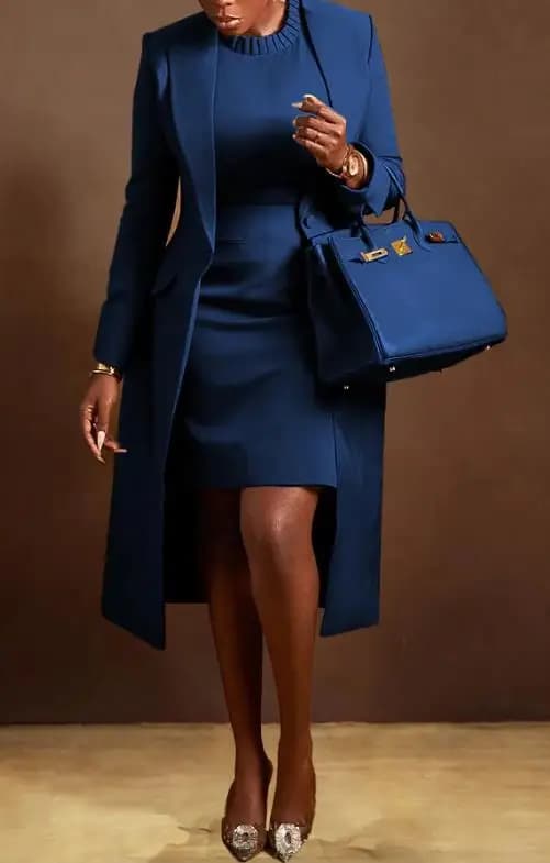 Autumn Women's Long Suit Jacket with Collar and Waist Cinched and Slit, and Round Neck Sleeveless Hip Hugging Knitted Dress Set