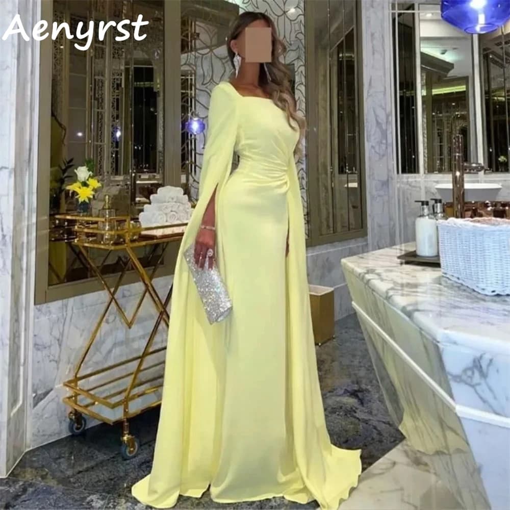 Aenyrst Abiti da ballo con colletto quadrato in chiffon giallo Abiti da sera a maniche lunghe a sirena personalizzati Abito da festa per cena lungo fino al pavimento