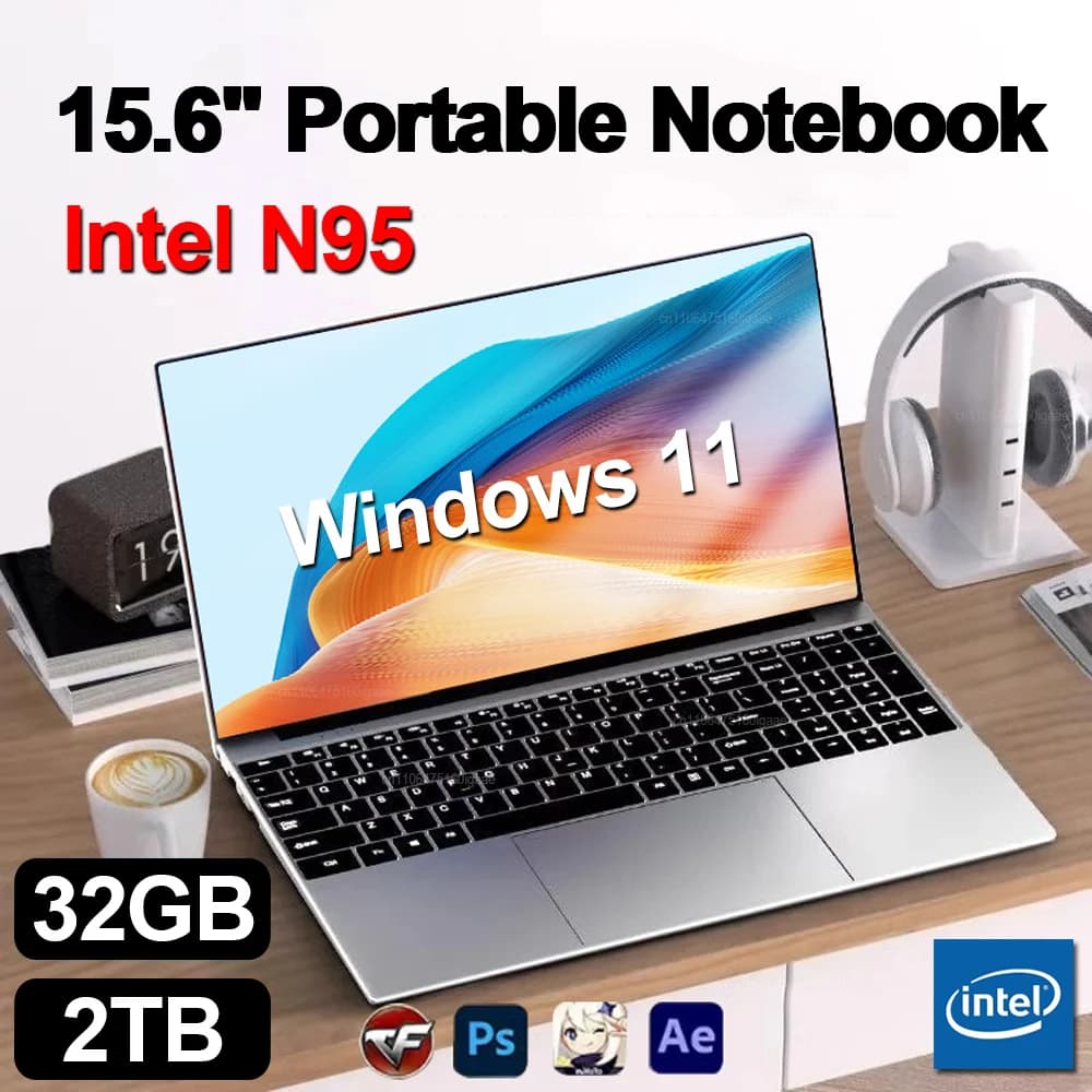 2025 NEW Portable Laptop 15.6" Intel N95 32GB DDR4 2TB SSD Windows11 Notebook Pc Gamer Office Computer with Backlit Fingerprint
