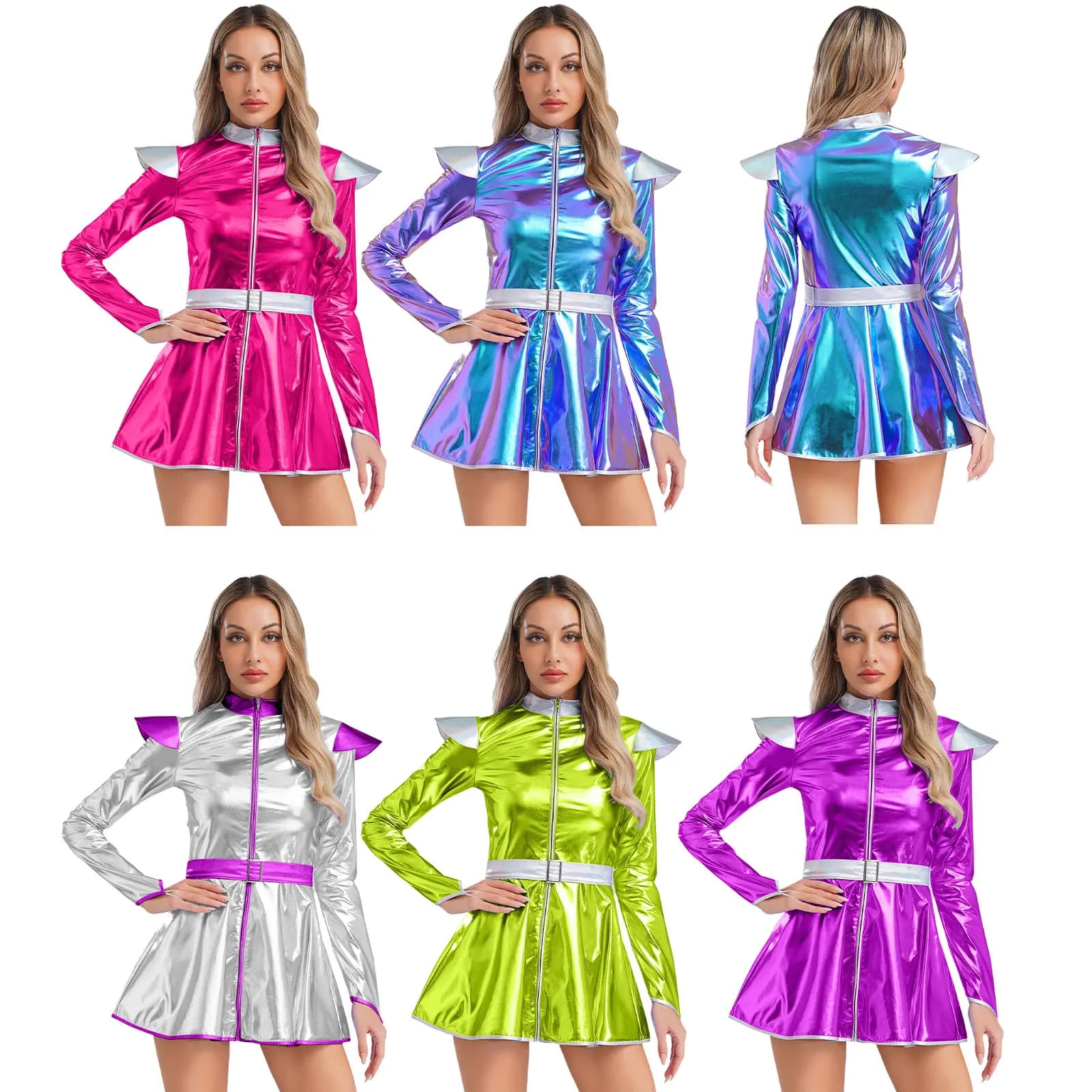 Halloween alien woman costume, long sleeves, front zip, trapeze dress with belt, polished metallic outer space cosplay costume