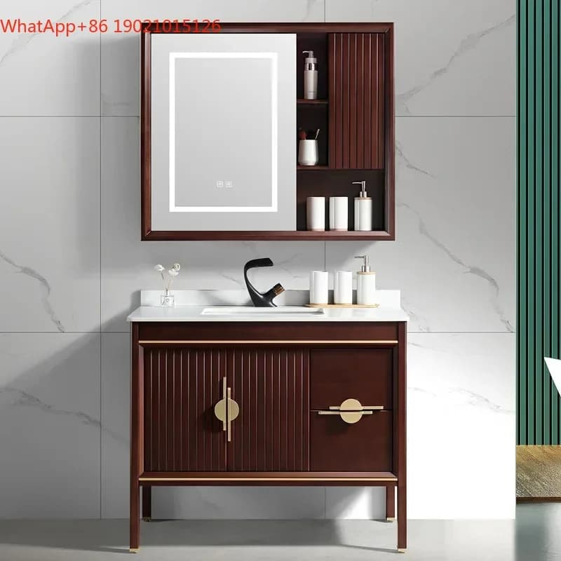 Mobile bagno in legno massello di rovere cinese G8578 con specchio intelligente, lavabo e piano in pietra