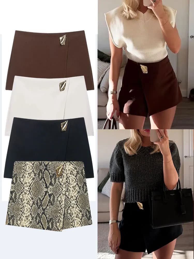 HH 2025 Autumn Women's Fashion Asymmetric Culottes High Waist A-line Side Zipper Metal Applique Solid Elegant Pantskirt