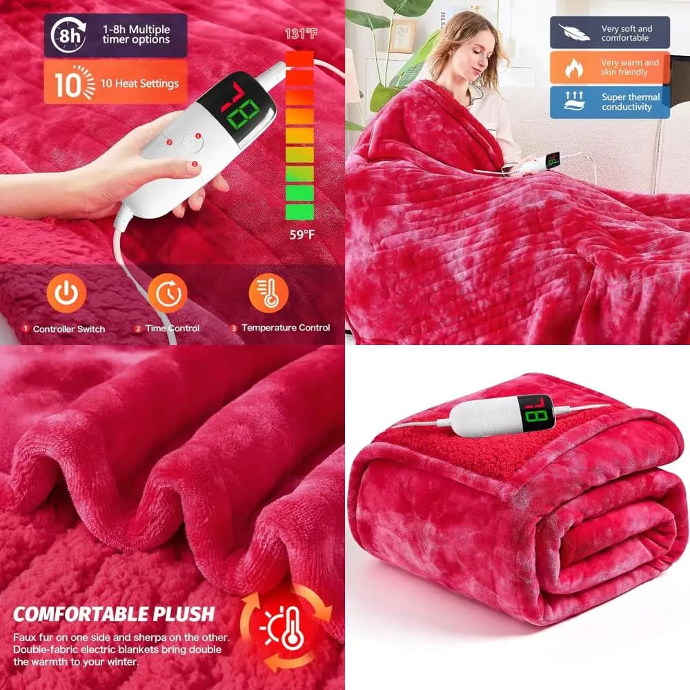 Coperta elettrica Sherpa in pelliccia sintetica rossa, timer a 5 posizioni, 10 livelli di calore, 72x84 per divano letto, regalo invernale ideale
