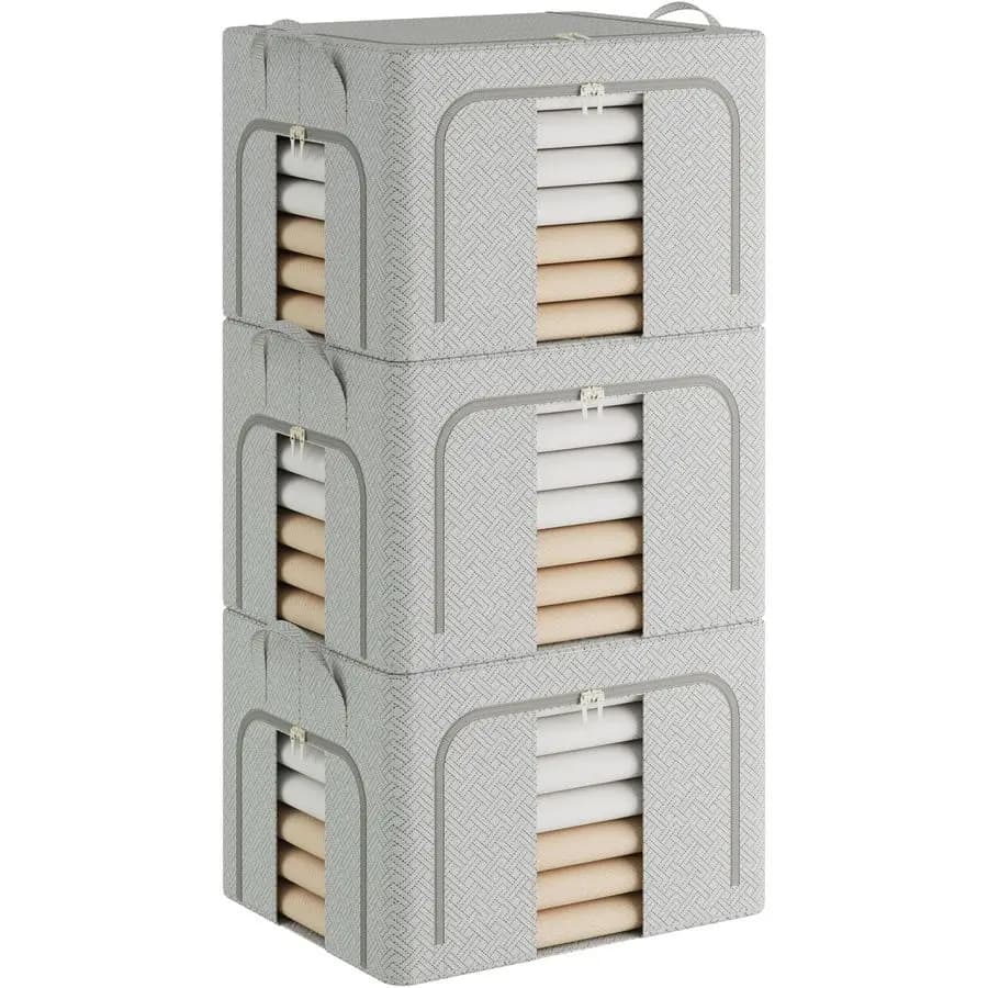 Pack of 3 storage containers for clothes with metal frame, cabinet organizer and storage boxes, folding organizer bags for clothes with stackable amplifier