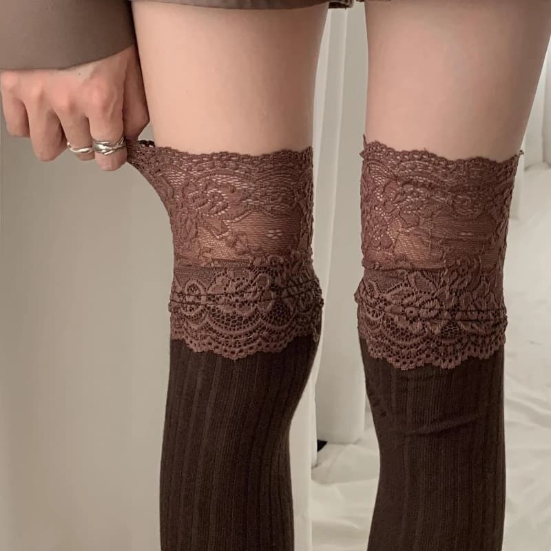 Women's Sexy Lace Thigh High Stockings Over The Knee Solid Color Lolita Warm Boot Socks