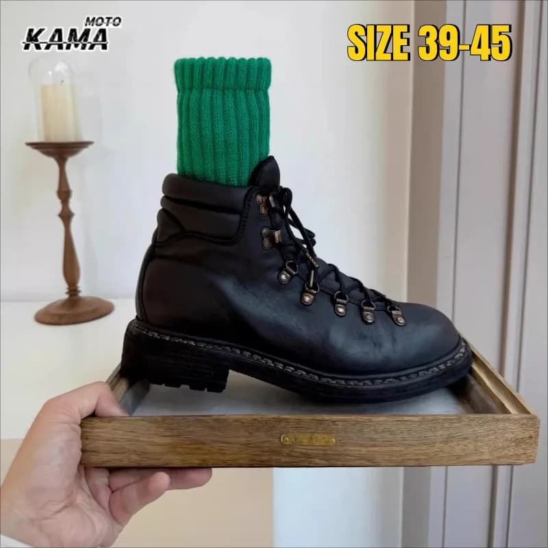Stivali da Moto in Vera Pelle da Uomo, Scarpe da Montagna con Lacci, Stivali Western da Escursionismo con Dettagli Metallici