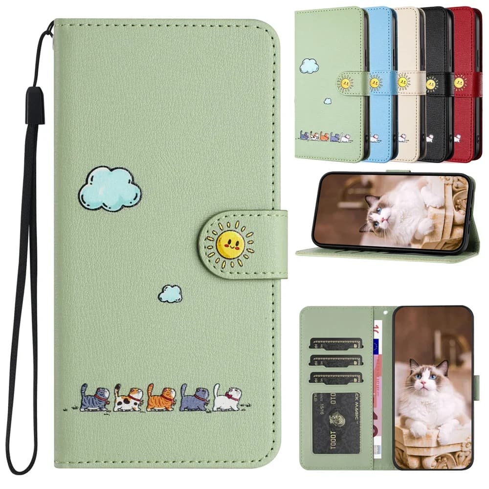 S24 Kawaii Cat Phone Case for Funda Samsung Galaxy S25 S23 Ultra S24 S22 Plus S21 FE S20 Note 20 Leather Wallets Flip Cover