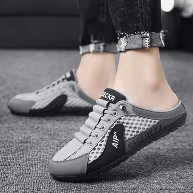 Scarpe estive in rete traspirante Mezza pantofola Uomo Un piede su scarpe pigre da esterno Scarpe casual a fagiolo con suola morbida alla moda e versatili