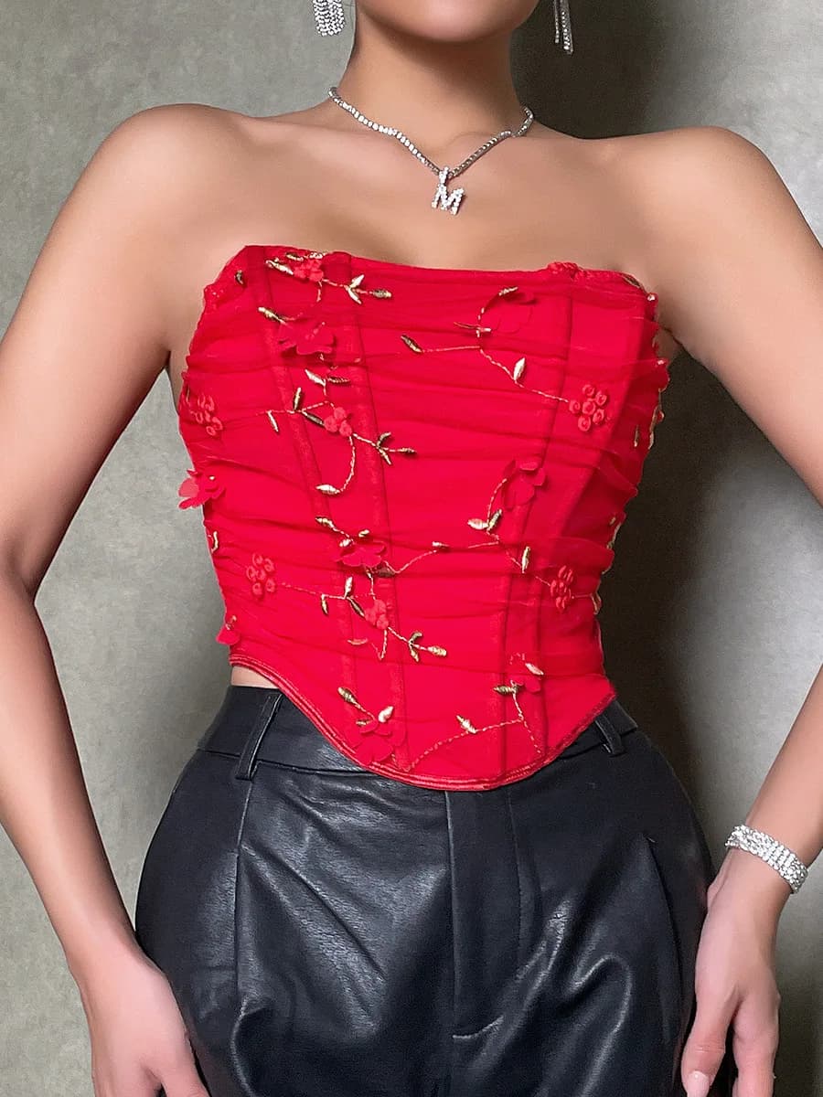 Floral Embroidered Fishbone Mesh Blouse Street Style Slim Fit Short Sleeve Women's Top Summer Collection China Made