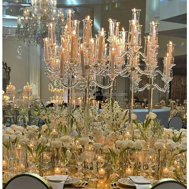 9 Heads Crystal Glass Candelabra Wedding Centerpieces with Hanging Crystals Candle Holder Home Decor for Table Decoration