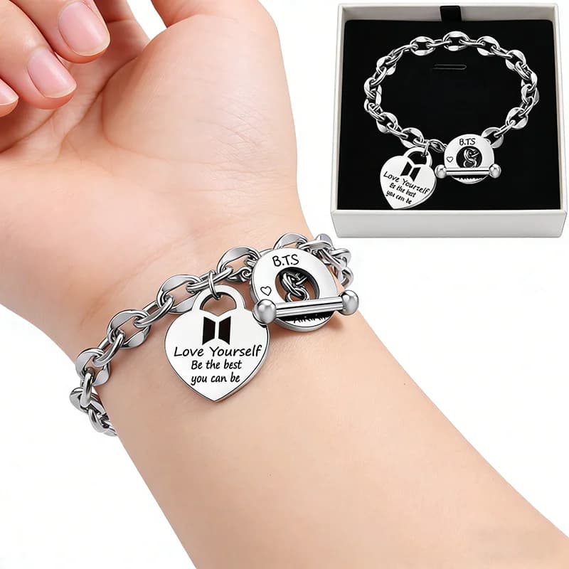 Fashion Bracelet SKZOO STRAY KIDS in Stainless Steel with Heart Shaped Fishing, Bracelet with 'Day' Buckle in Titanium Steel, Fan Gift