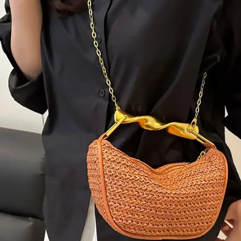 Borsa a Tracolla da Donna Intrecciata a Mano, Borsa a Spalla in Maglia con Manico in Metallo e Cerniera, Borsa a Tracolla in Paglia per Spiaggia e Pendolarismo