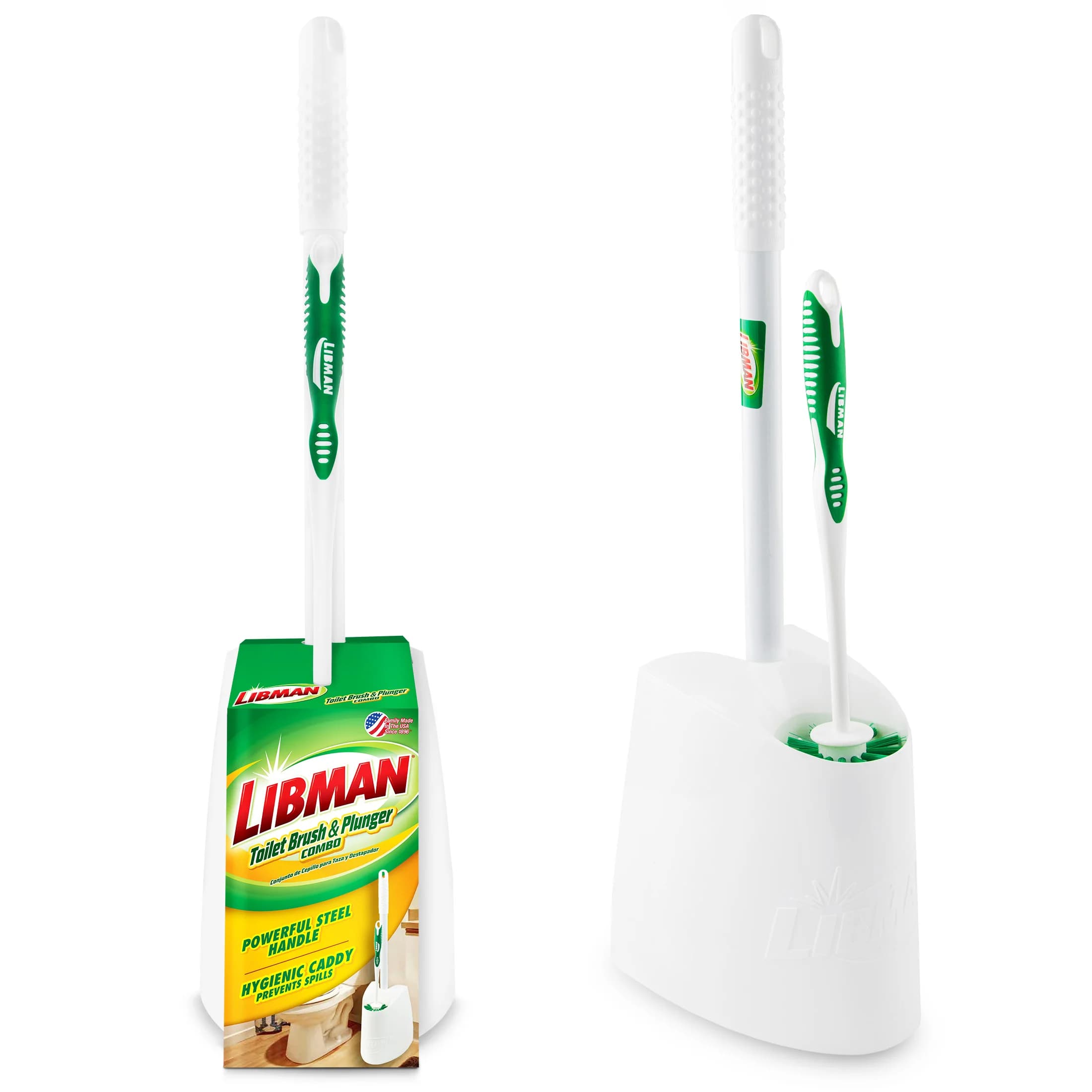 Toilet brush and plunger set with freestanding caddy in white and green for adult use