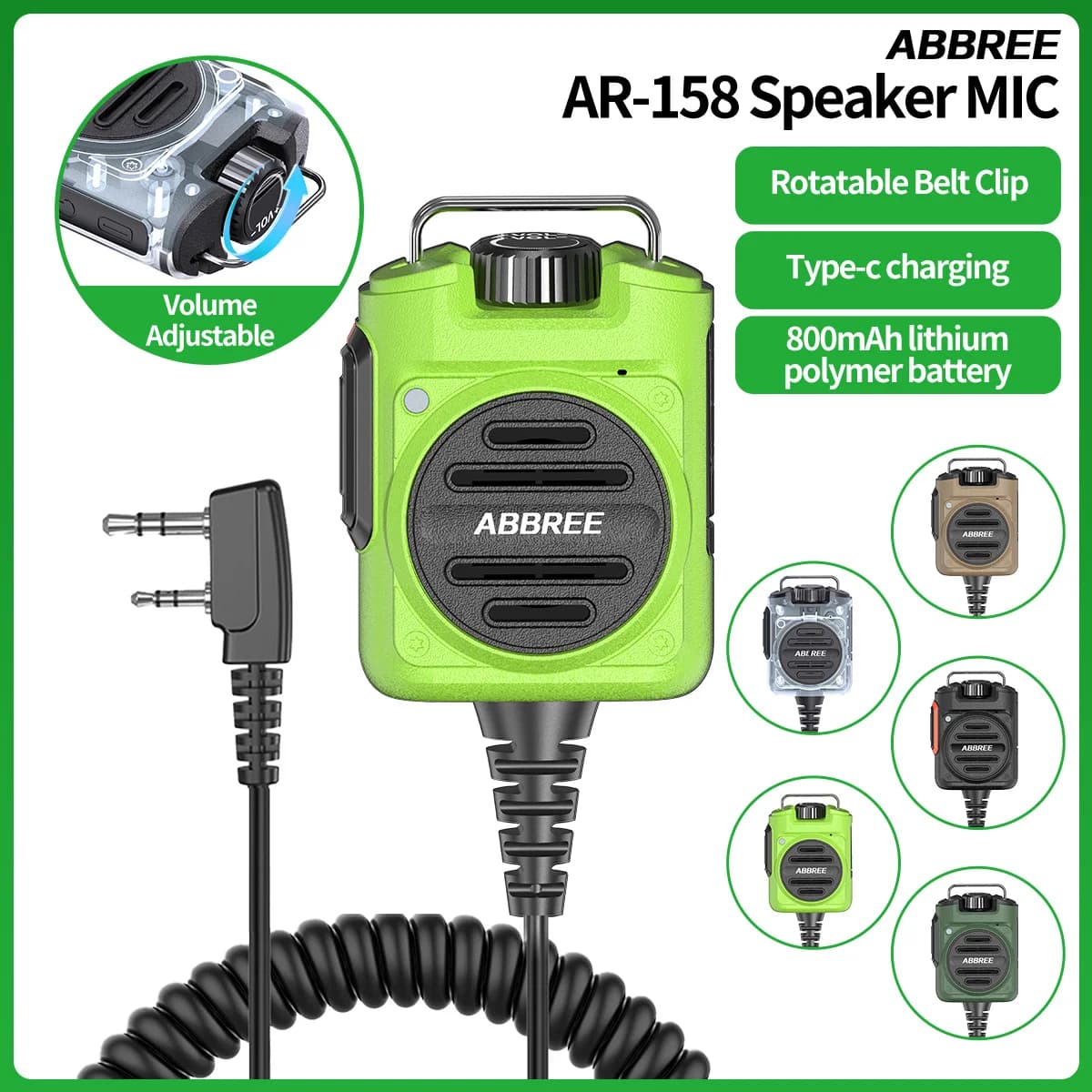 ABBREE Rechargeable Adjustable Volume Speaker Mic AR-158 Handheld Walkie Talkie Microphone For Baofeng UV 5R Mini UV 32 AR-152