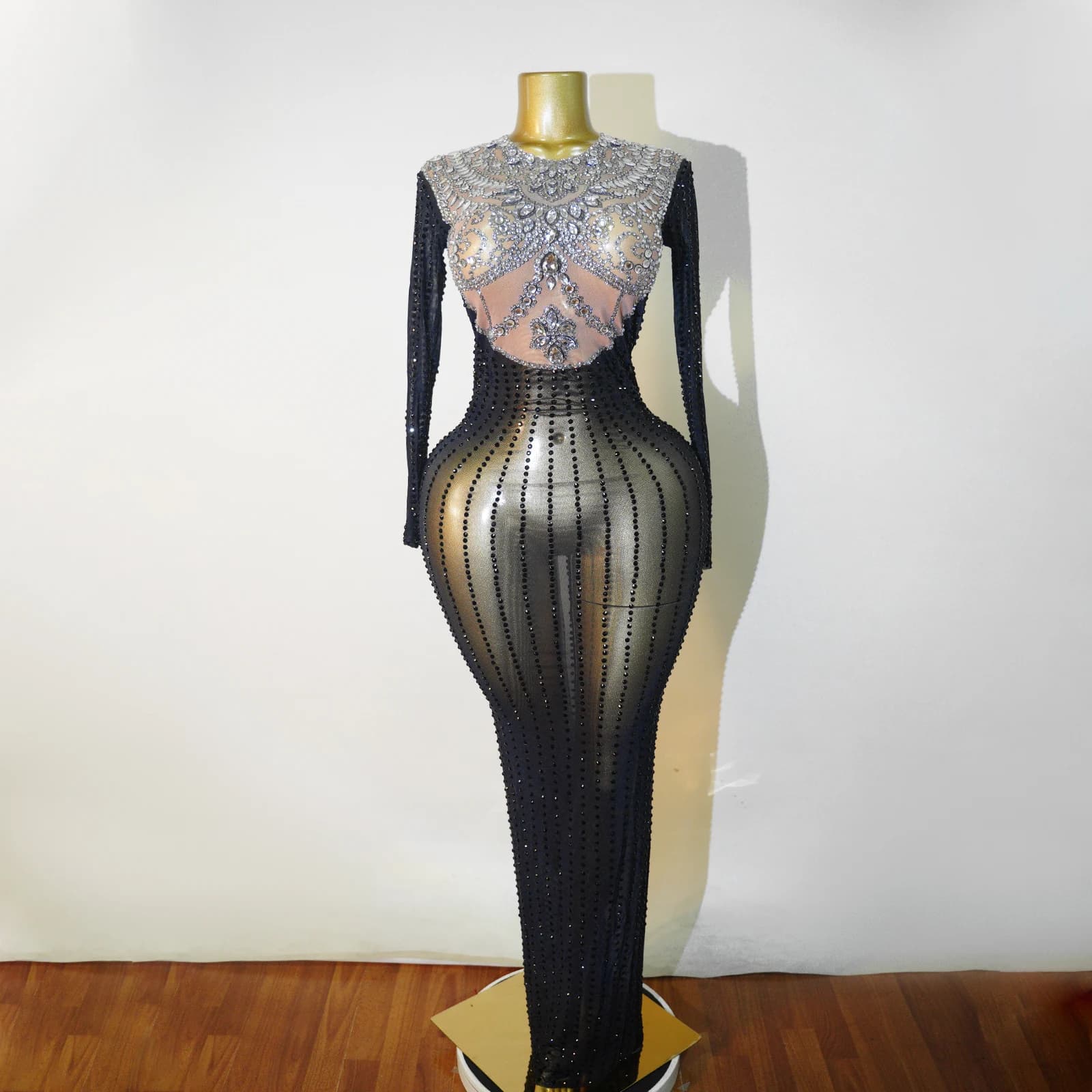 Abito Lungo di Lusso per Feste di Compleanno, Gonna Trasparente in Rete con Strass, per Spettacoli di Danza, Serate, Carnevale, Festival, Drag Queen