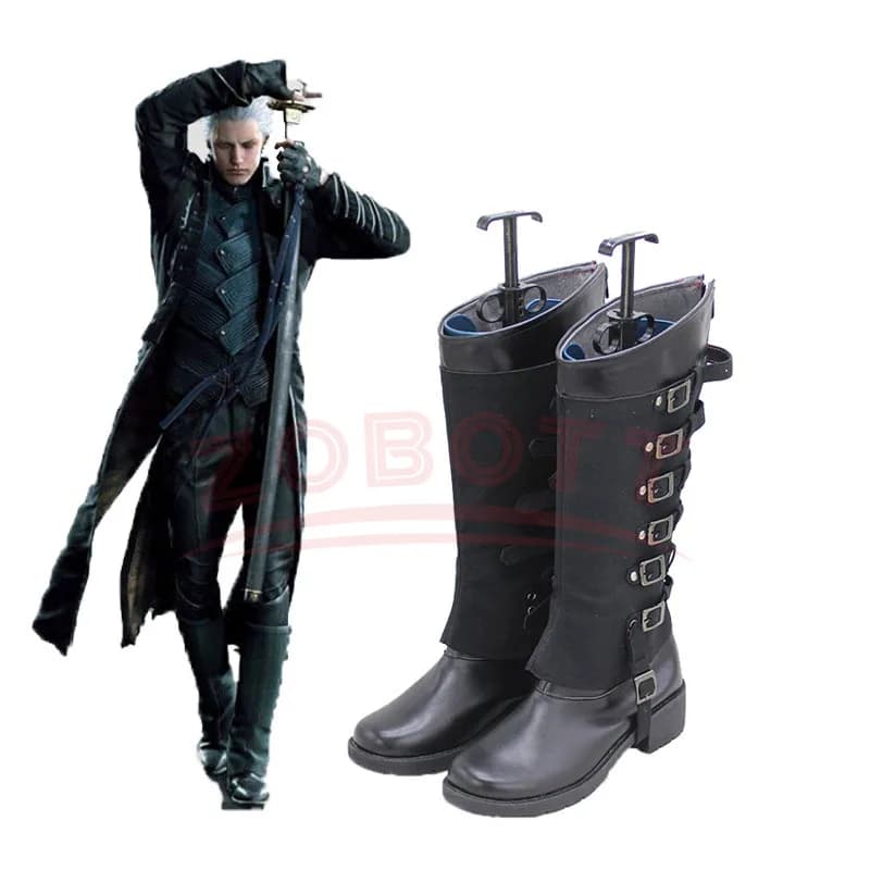Scarpe Cosplay Anime Vergil, Stivali in Pelle PU Nera per Halloween e Carnevale, Accessori per Parrucca Cosplay, Stivali Devil May Cry Vergil