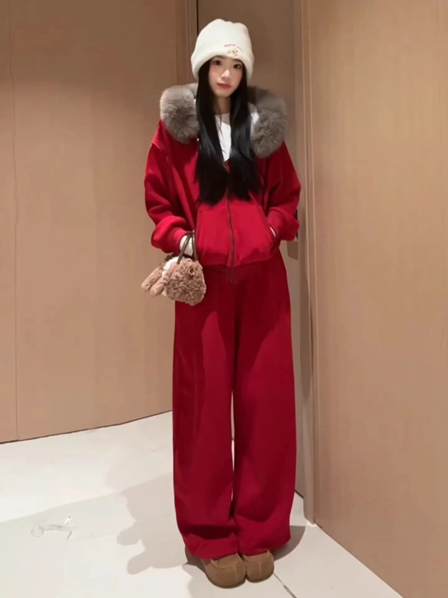 Set Sportivo Casual Cisas Red Thiened Fce per Donna, Completo Autunno Inverno con Felpa e Pantaloni Lunghi a Vita Alta, Caldo e Confortevole