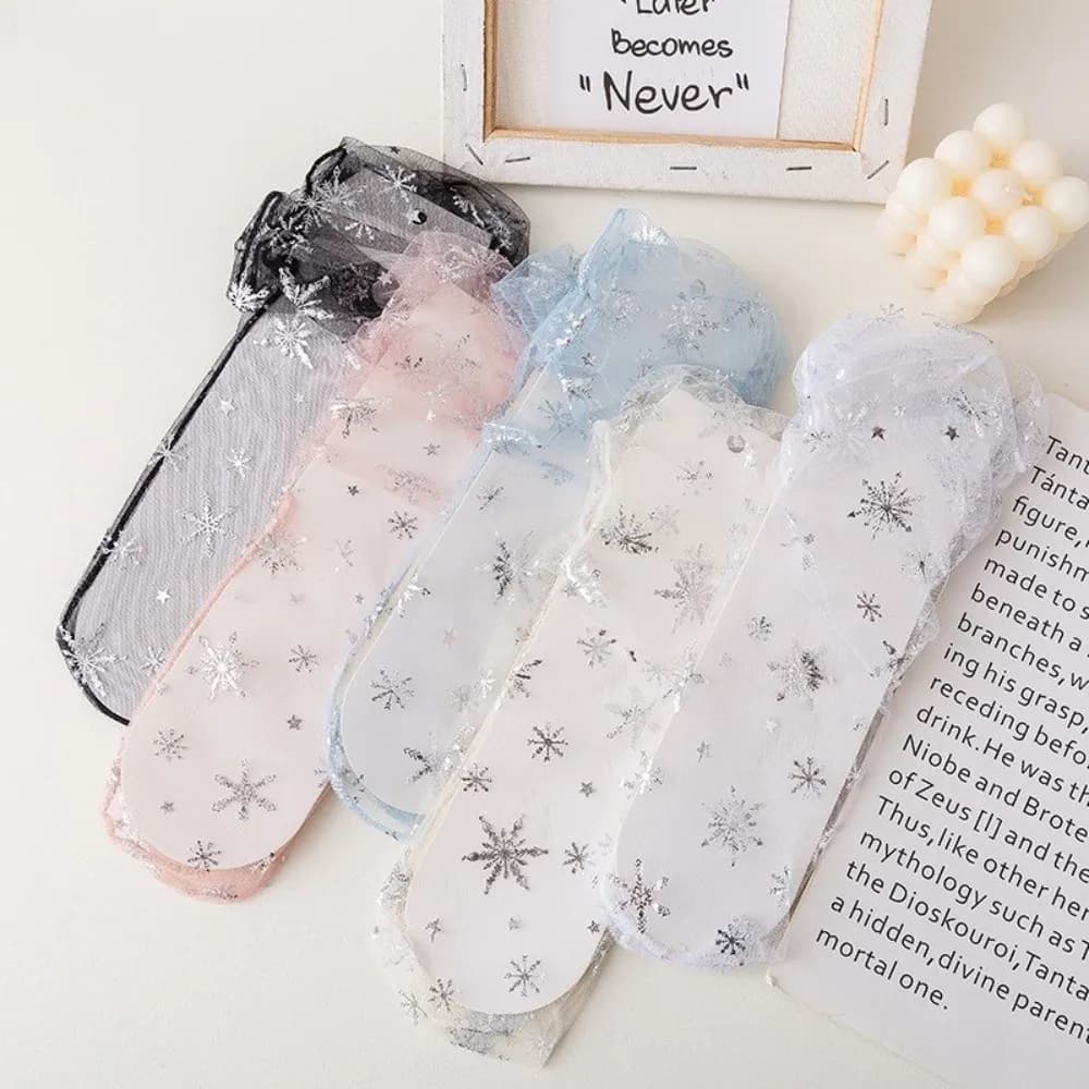 New Bowknot Snowflakes Lace Socks Breathable Comfortable Ultra-Thin Mesh Mesh Tulle Socks Transparent Long Socks Women Girls