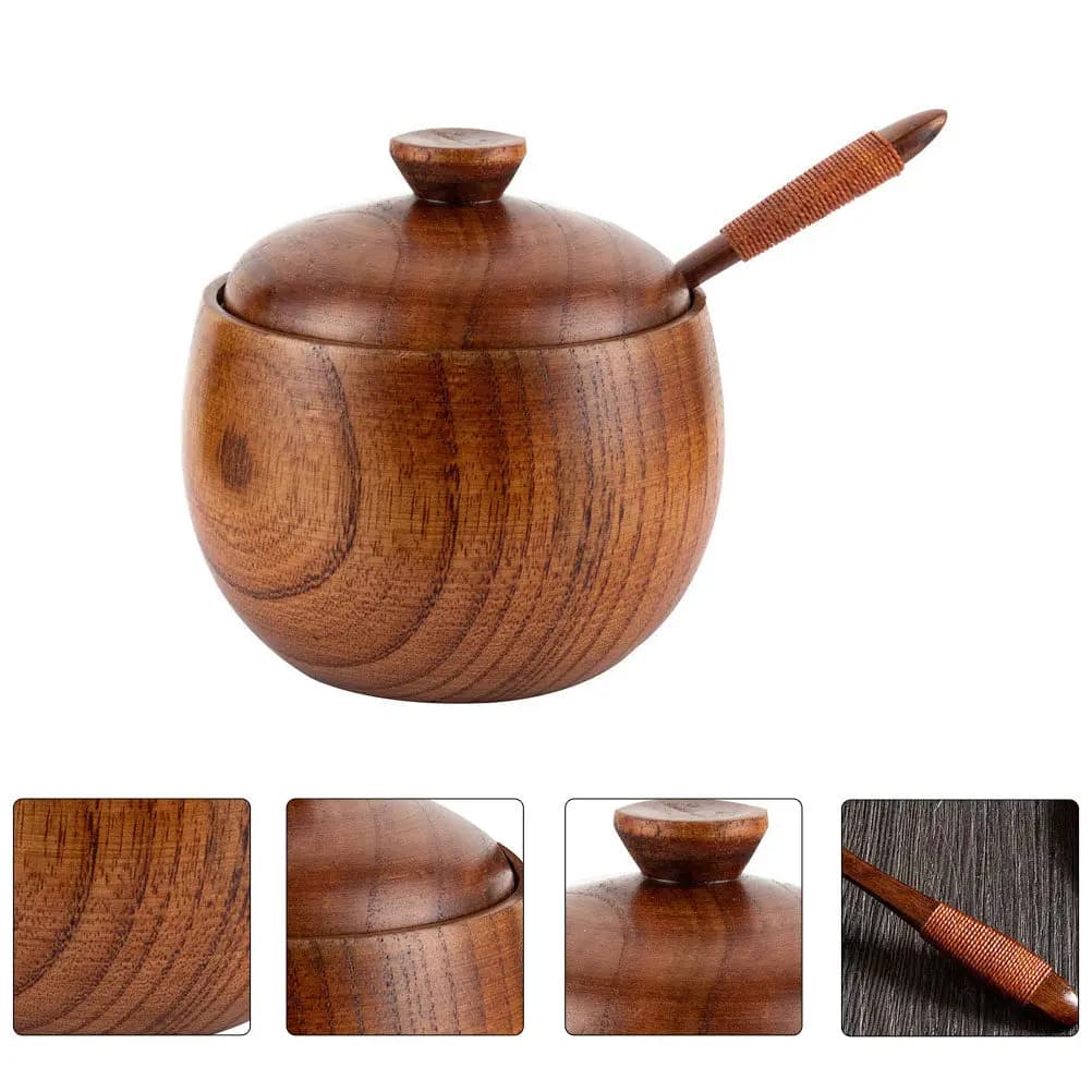 1Set Creative Wood Seasoning Jar Set Spoon Kitchen Storage Jar Salt Pepper Container Multi Function Spice Canister for Home