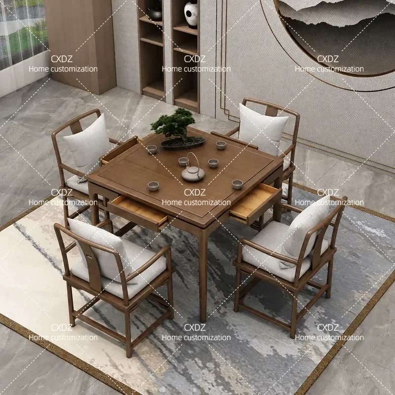 Solid Wood Square Table New Chinese Zen Style Household Dining Table and Chair Set for Chess Card Playing Living Room