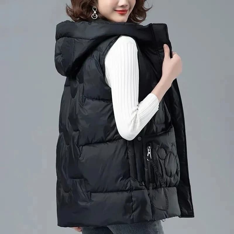 Giacca da donna in piumino di cotone nero 2025 Autunno Inverno Nuova versione coreana Cappotti senza maniche larghi Gilet con cappuccio femminile Top
