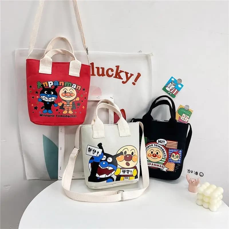 Anpanman Canvas Crossbody Bag Cartoon Print Mini Adjustable Handbag Commute Portable Large Capacity Storage Bag Festival Gift