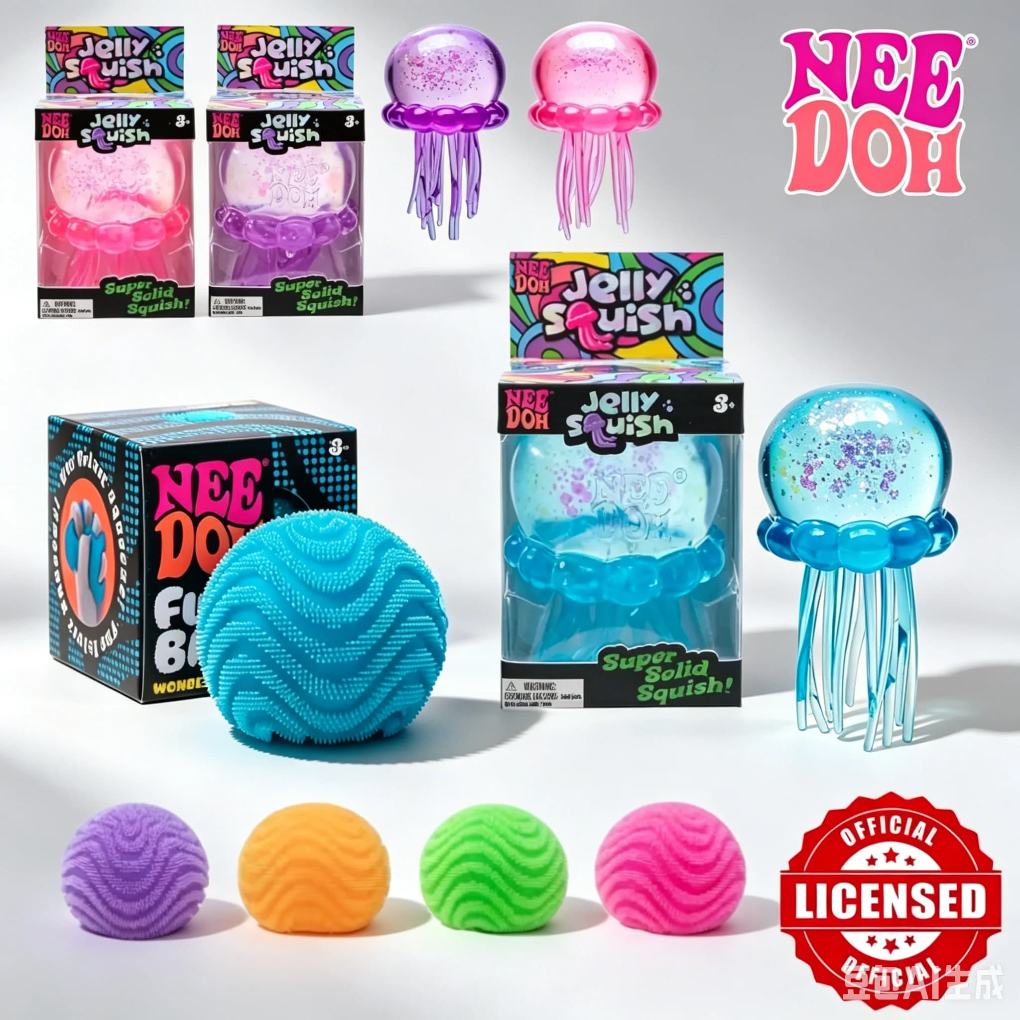 NeeDoh Wonder Waves Fuzz Ball & Jellyfish Squishy Fidget Toy Set Super Soft Squeeze Stress Anxiety Relief Sensory Toys For Kids Adults ADHD