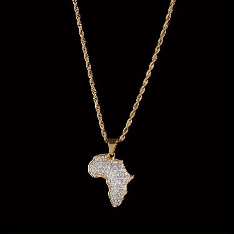 Nuova Collana da Uomo alla Moda con Ciondolo a Forma di Mappa dell'Africa in Oro e Zirconi