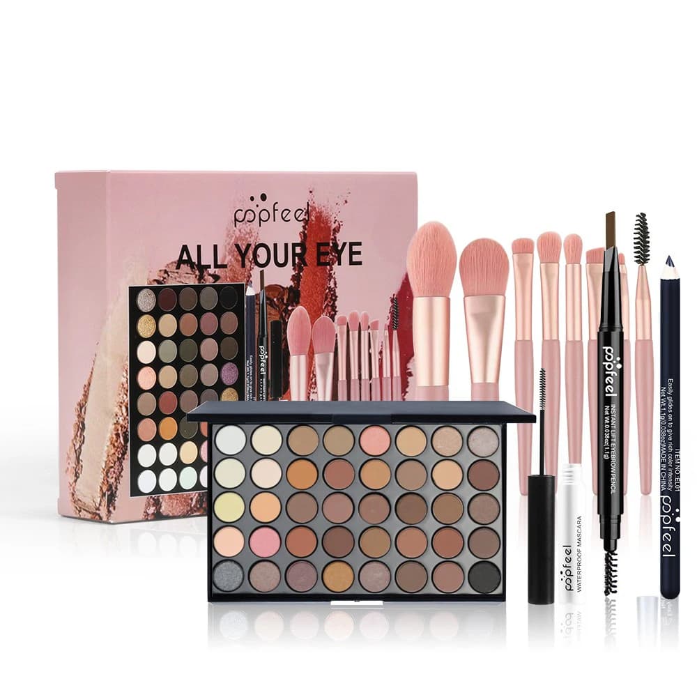 POPFEEL Set professionale per trucco occhi: tavolozza di ombretti, eyeliner, matita per sopracciglia, mascara + 8 pennelli per trucco - Perfetto per i principianti