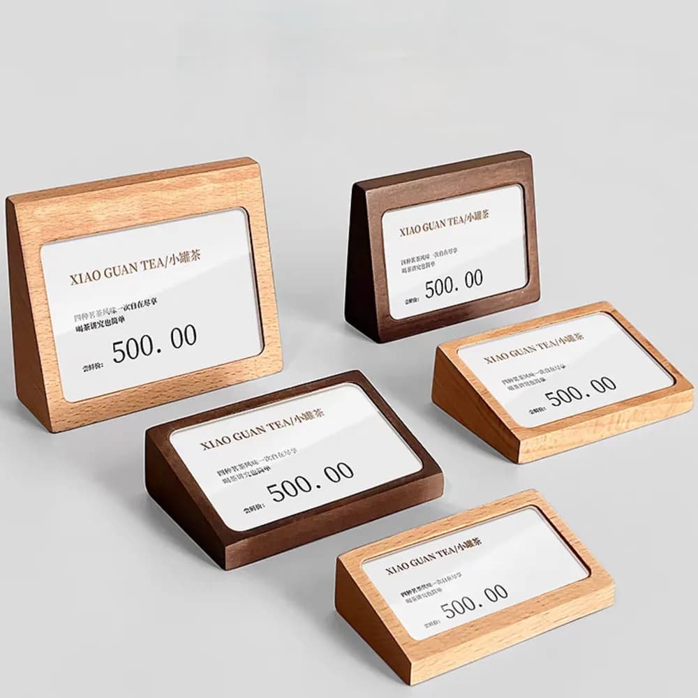 5 Pezzi Porta Cartellini in Legno e Acrilico 78x38mm, Espositore per Menu, Porta Nome, Piccolo Porta Prezzo, Etichette per Cartellini