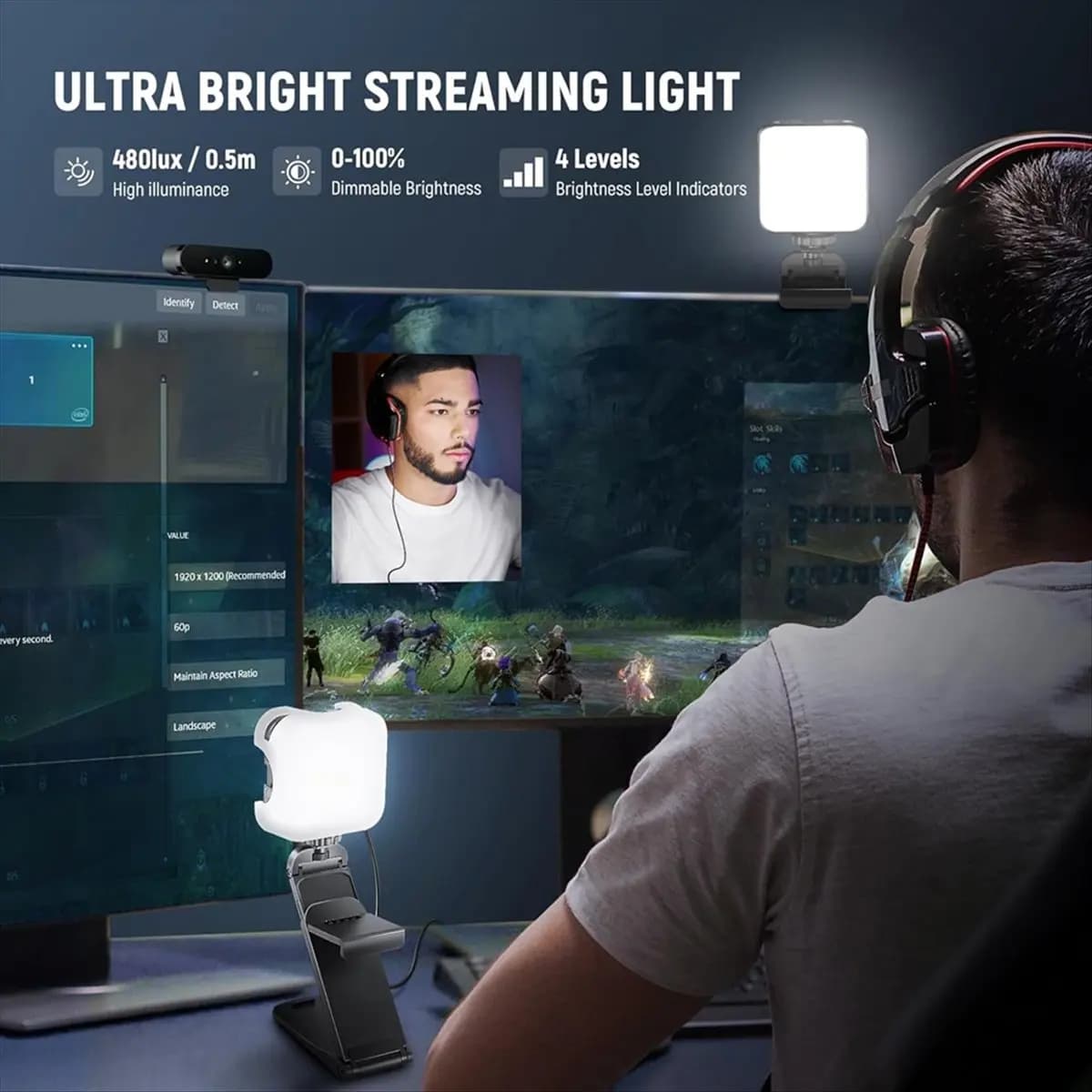 Luce in streaming a LED, supporto e supporto per monitor 2 in 1, illuminazione webcam per computer portatile USB per videoconferenze, chiamate con zoom