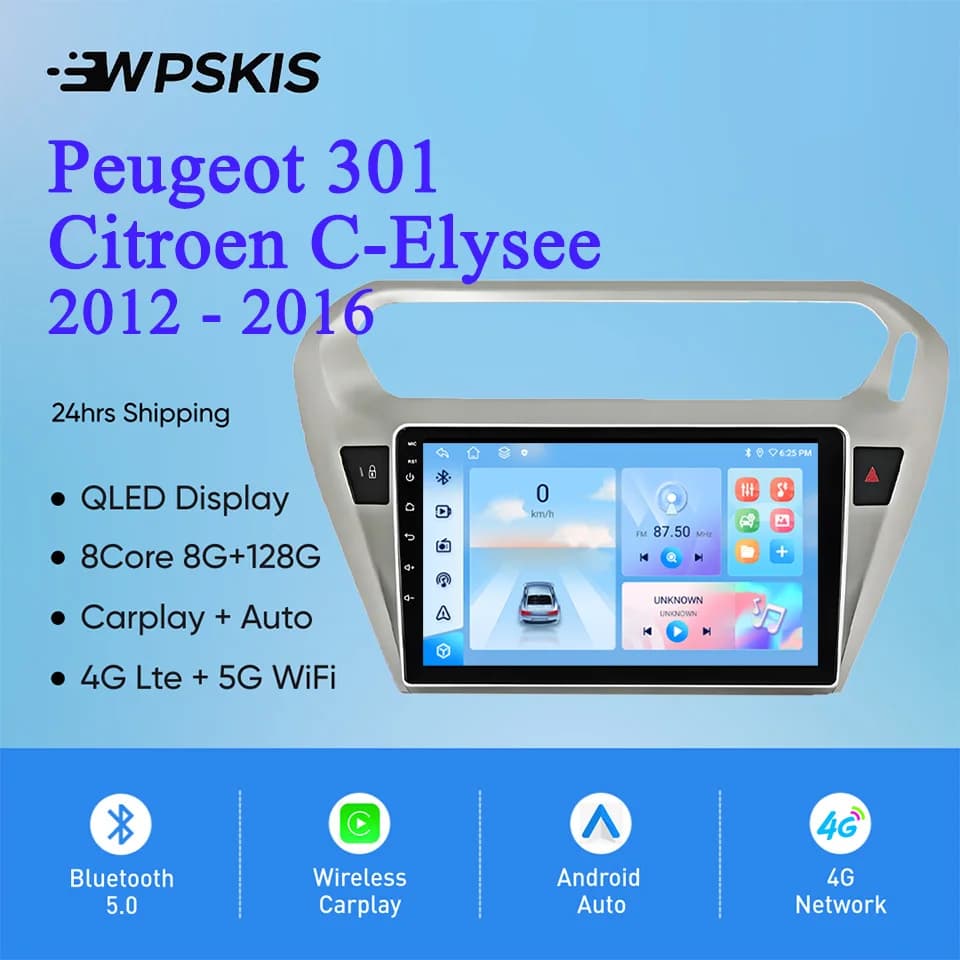 CarPlay 8G + 128G 8Core Android 14 Per Peugeot 301 Citroen C-Elysee 2012 - 2016 Autoradio Audio Video Lettore A/V GPS Navi RDS SWC