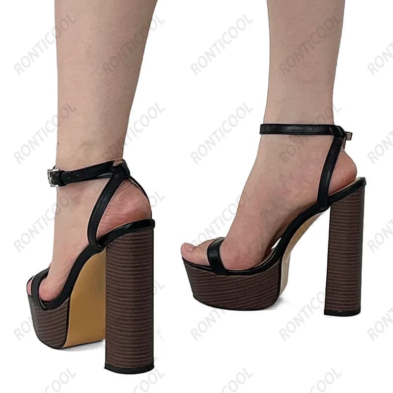 Ronticool Handmade Women Summer Ankle Strap Sandals Chunky Heels Round Toe Elegant Black Party Shoes Ladies US Plus Size 5-20