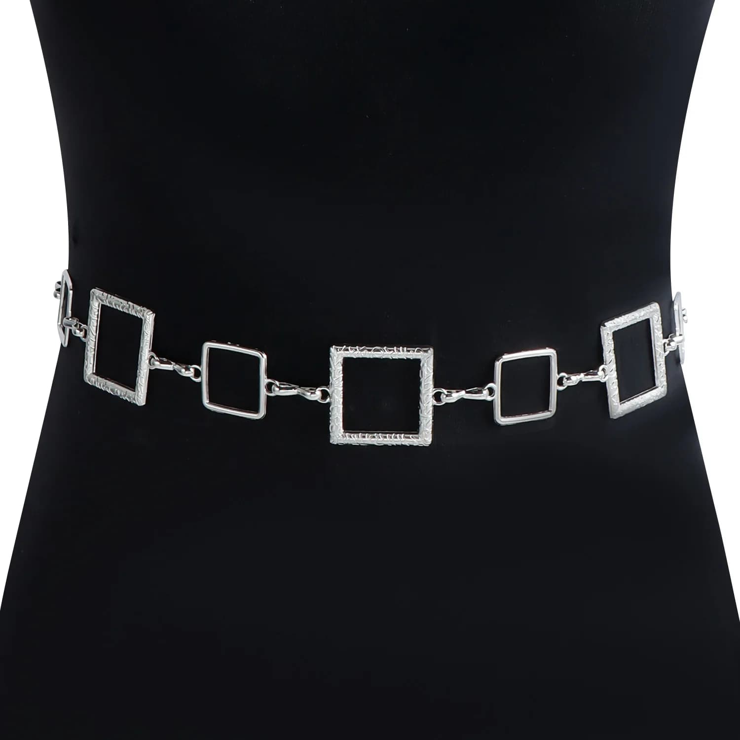 Geometric Hollow Square Waist Chain Silver Multi Size Rectangle Frame Linked Thin Metal Waist Belt For Women Dress