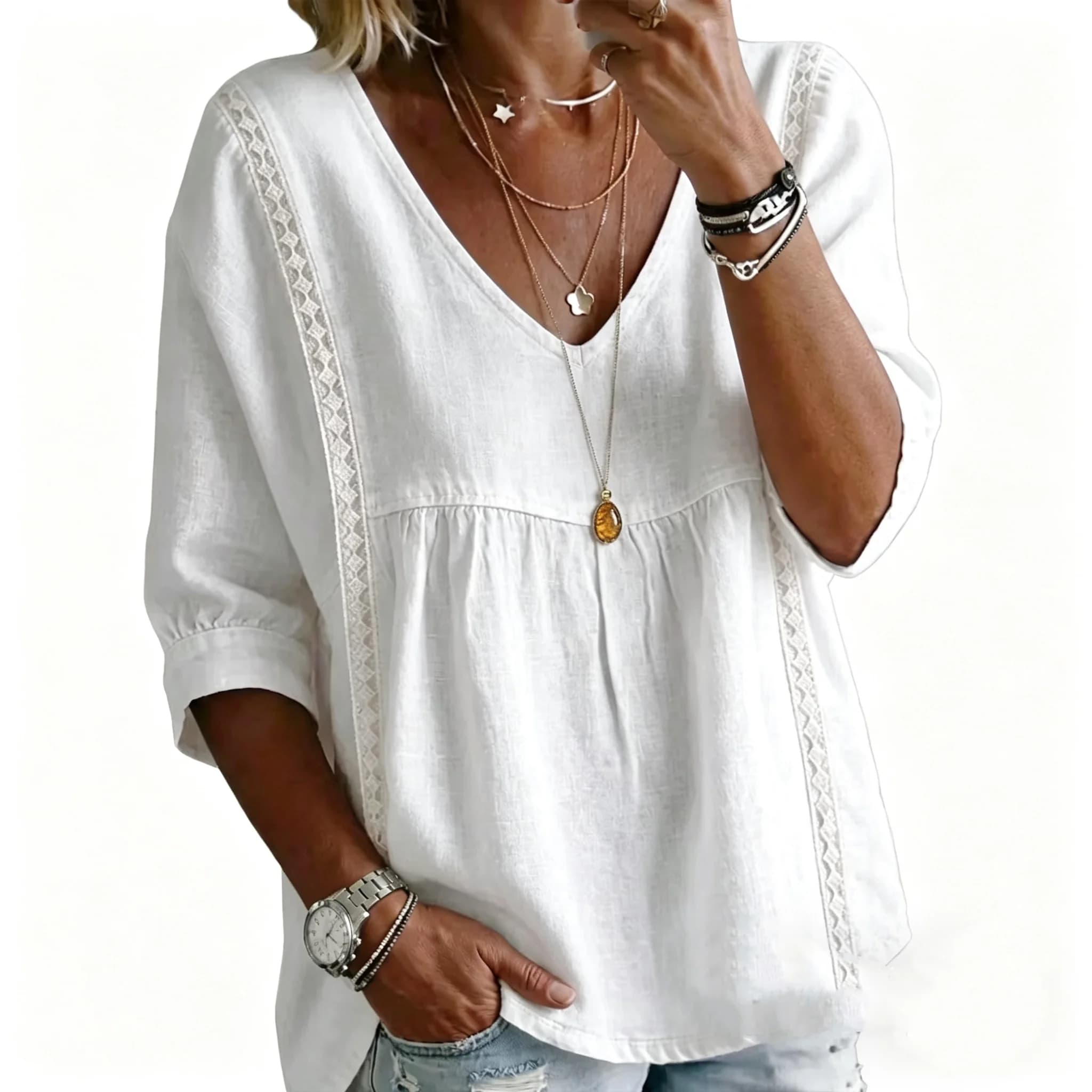 Nuova Camicetta da Donna Stile Boho 2026 con Scollo a V e Pizzo, Maniche a 3/4, Tunica Casual Larga, Top Basic Tinta Unita