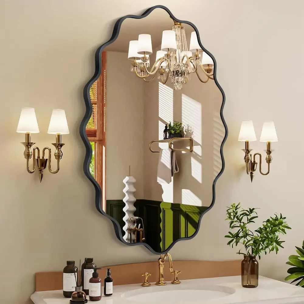 Specchio da parete ondulato da 22x30 pollici per bagno o spazi abitativi con acciaio spazzolato e vetro infrangibile