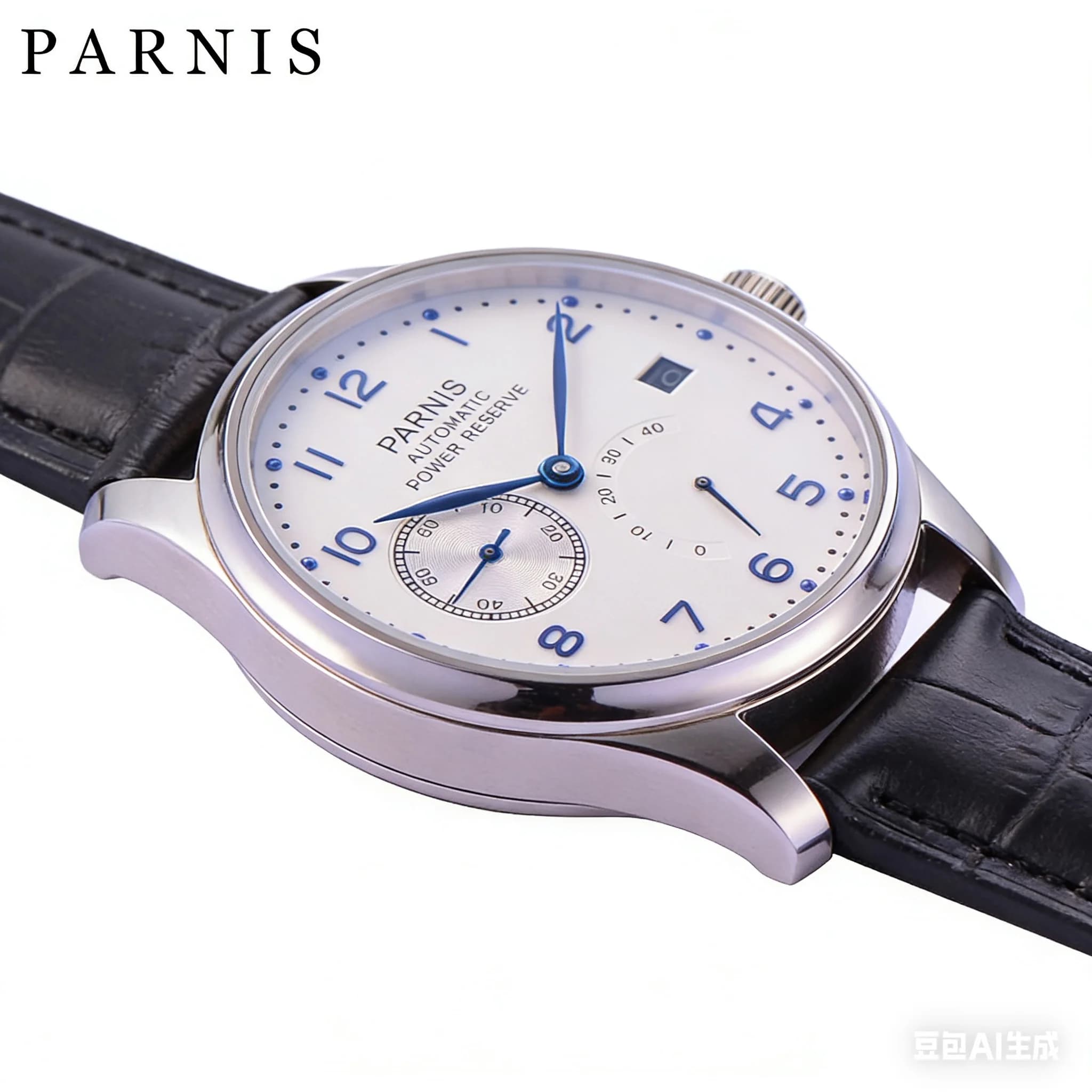 Parnis 43mm Orologi meccanici con quadrante bianco Calendario con riserva di carica da uomo Orologio automatico impermeabile Cinturino in pelle Relogio Masculino