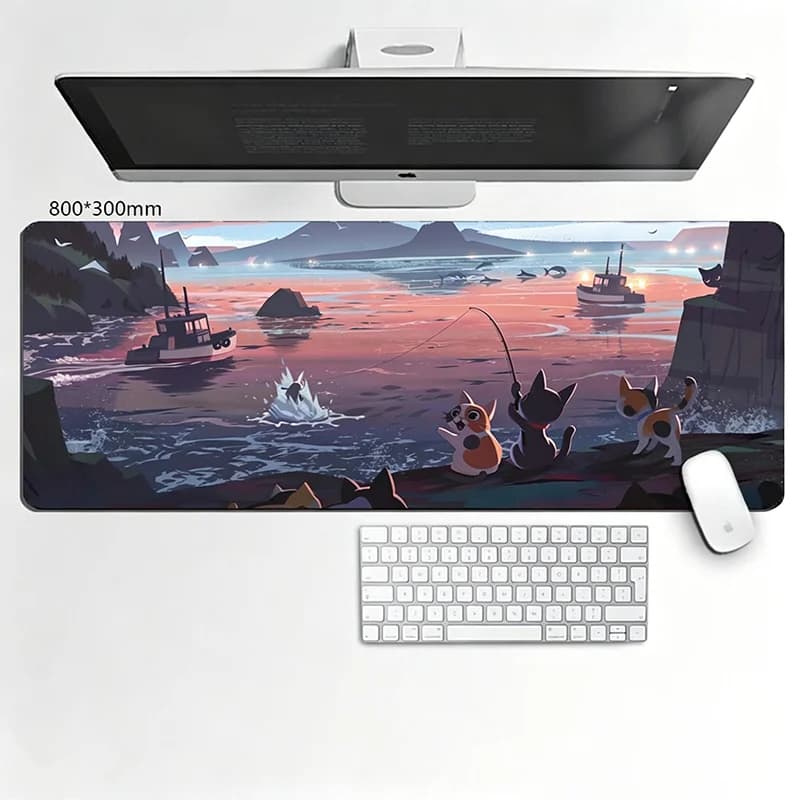 Rubber Non-Slip Stitched Edge Cartoon Cat Fishing Extended Desk Mat, Large Gaming Mouse Pad 800x300mm